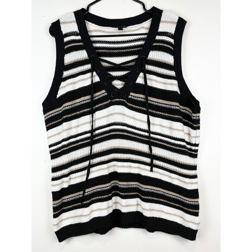 Torrid Sweater Vest Sz 3 Knit Sleeveless Striped Black Beige Fall V-Neck